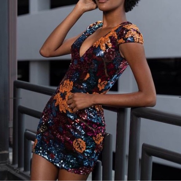 Dress The Population Sequin Mini Dress Floral Short Sleeve Small S New NWT V - Picture 15 of 15
